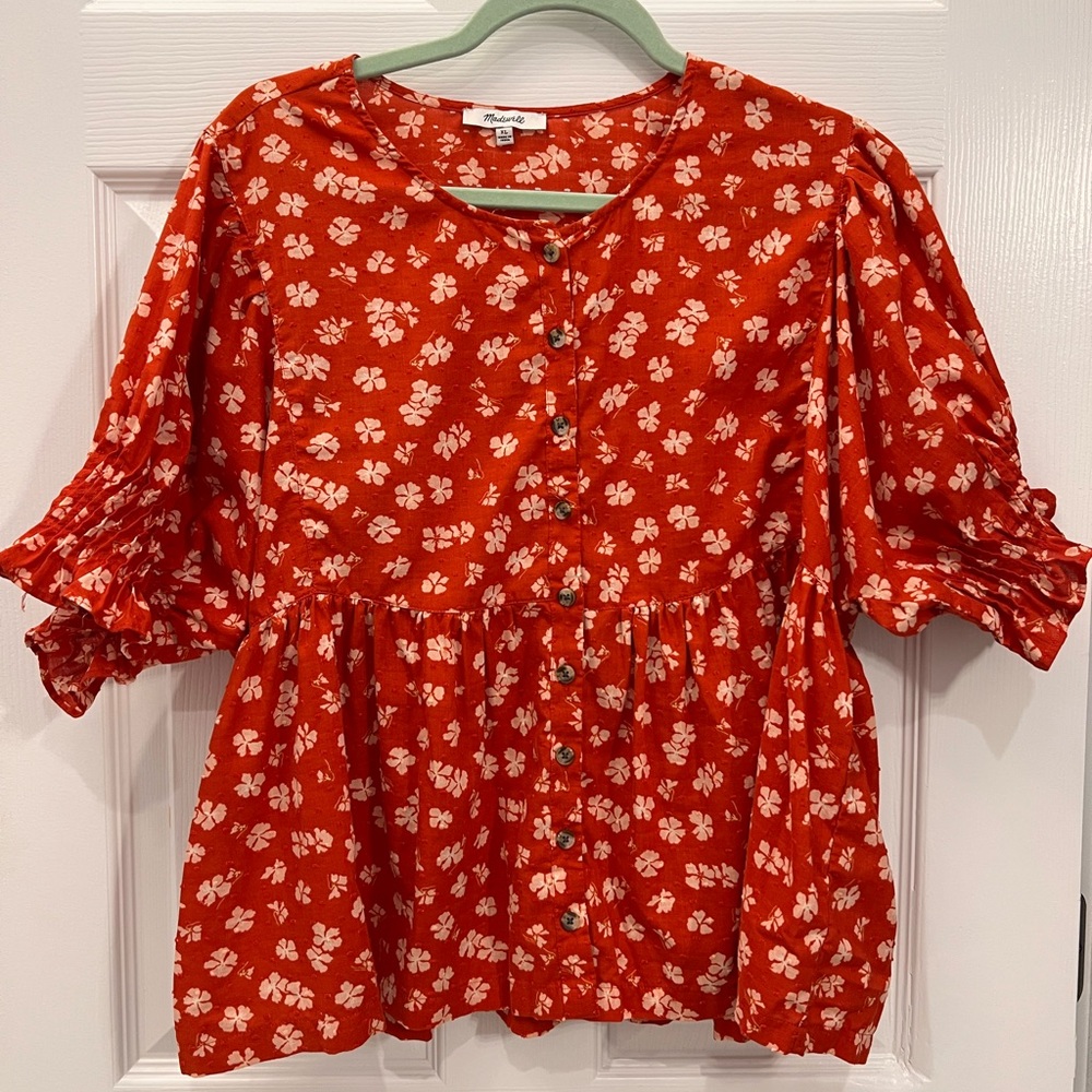 Madewell Red Floral Button-Front Peplum Blouse